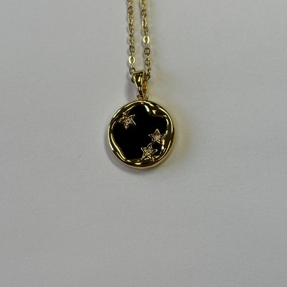 Gold Round Black Jade Three Stars Pendant Necklace - Picture 7 of 14